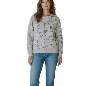 Quacker Factory Gray Floral & Bird Print Pullover Top size Large